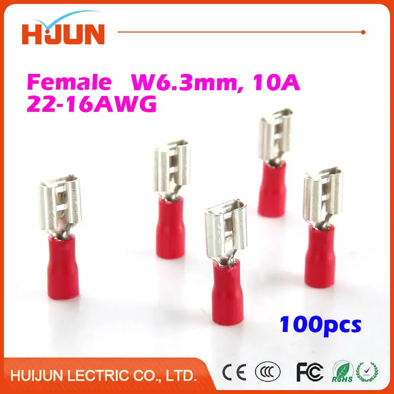 

100pcs/lot 6.3 plug FDD 1.25-250 Red Female Quick Disconnect Cable Wire Splice Insulation Terminal Connector 0.5-1.5mm2 22-16AWG