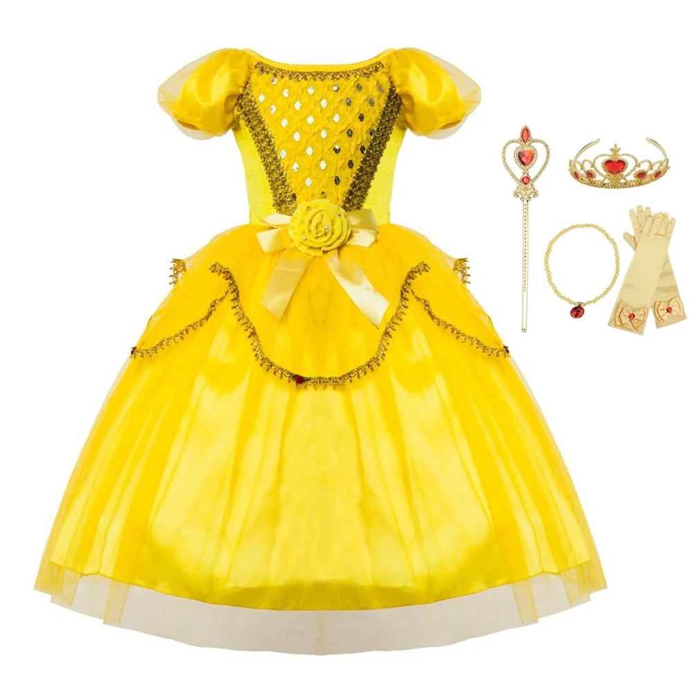 

FINDPITAYA Girls Halloween Kids Belle Princess Costume Girl Short Sleeve Cosplay Party Dress Children Flower Layer Gown