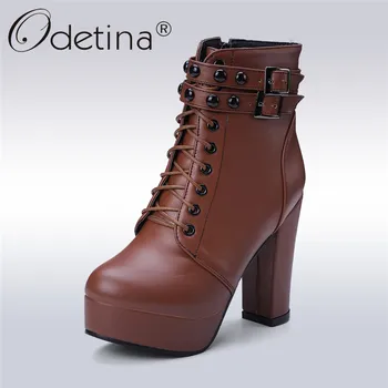 

Odetina 2019 New Fashion Women Thick High Heels Platform Ankle Boots Lace Up Double Buckle Winter Warm Rivet Shoes Big Size 43