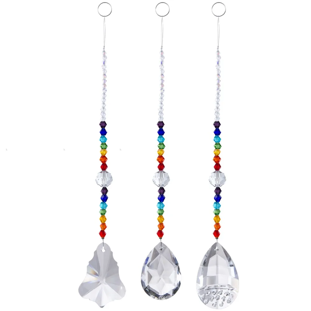 H&D 3pcs Rainbow Hanging Crystal Prism Suncatcher with Chakra Crystal Beads for Window,Chandelier Crystal Part,Home Garden Decor