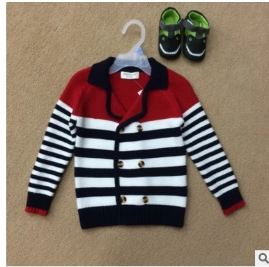 Весенне-осенний хлопковый свитер для маленьких мальчиков, свитер для малышей, одежда для маленьких девочек, вязаные топы для малышей, верхняя одежда для детей, полосатая пуговица - Цвет: Red