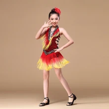 От 8 до 15 лет производительность Детская Одежда для танцев с v-образным вырезом с бисером с низким вырезом на спине, отделанные бахромой платье для латиноамериканских танцев платье для танцев для девочек