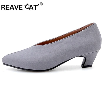 

REAVE CAT Shoes woman Middle heel Ladies pumps Pointed toe Flock Slip on Solid Female Apricot Black Grey Big size 30-48 A1888