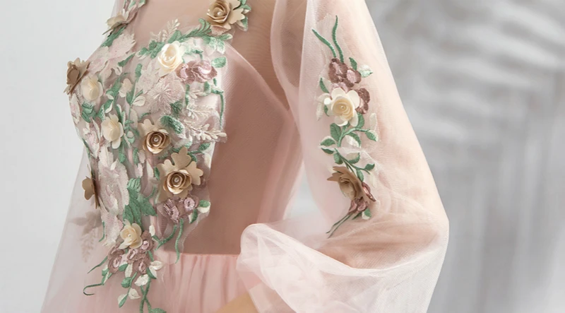 SSYFashion/Новинка; милое розовое кружевное вечернее платье; романтическое платье с длинными рукавами и вышивкой; Вечерние платья на выпускной; Robe De Soiree