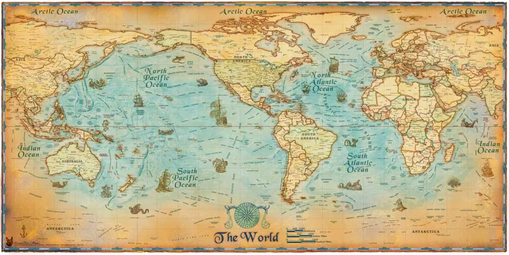 Vintage Nautical World Sea Map Canvas Oil Painting Retro