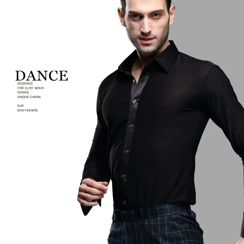 Camisas de baile latino negro para hombre, chaqueta de baile de manga