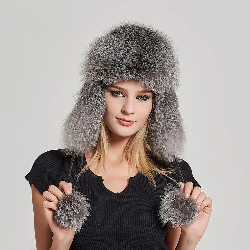 

Fur Story Winter Women's Fox Fur Hat Bomber Hats Cap Tapper Hat Snow Cap Ear Protector Cap Fur millinery Warm Hat 17612