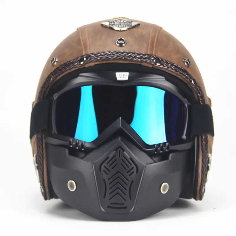 WINTUWAY PU Leather Helmets 3/4 Motorcycle Chopper Bike Helmet Open Face Vintage With Goggle Mask | Автомобили и мотоциклы