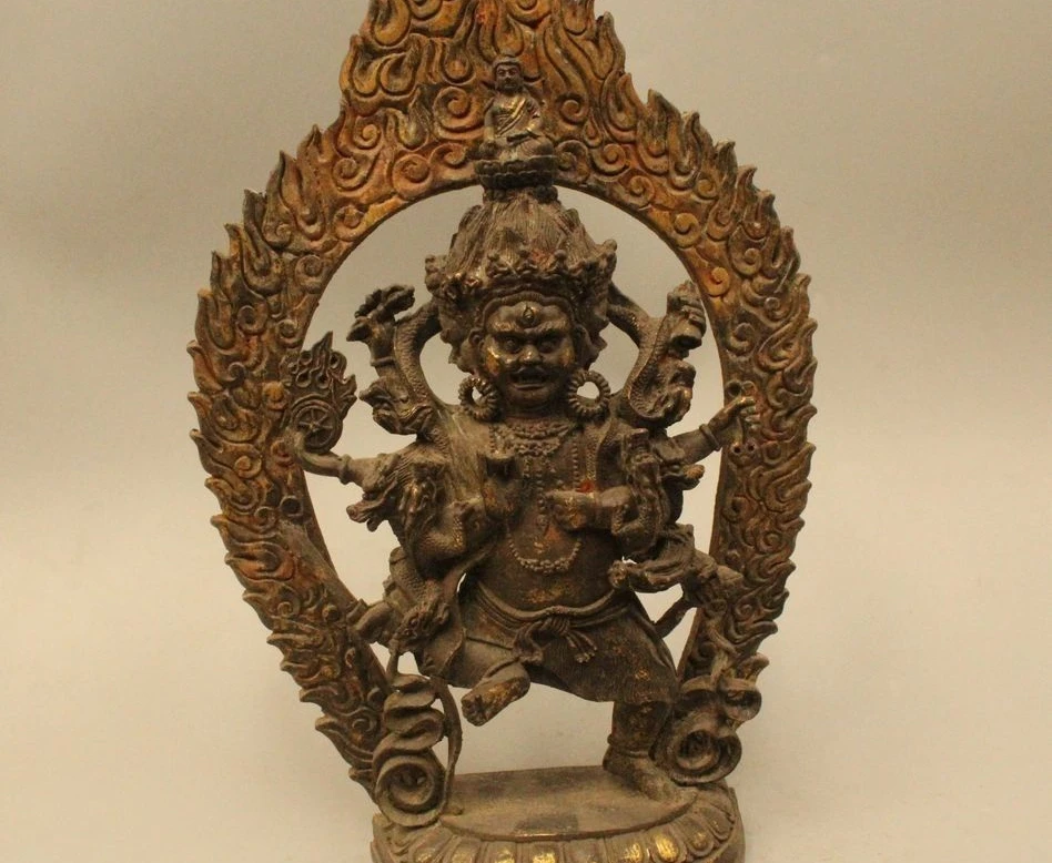 

13"Tibet Buddhism Bronze Gild Dragon Three Head 6 arm Mahakala Buddha Statue