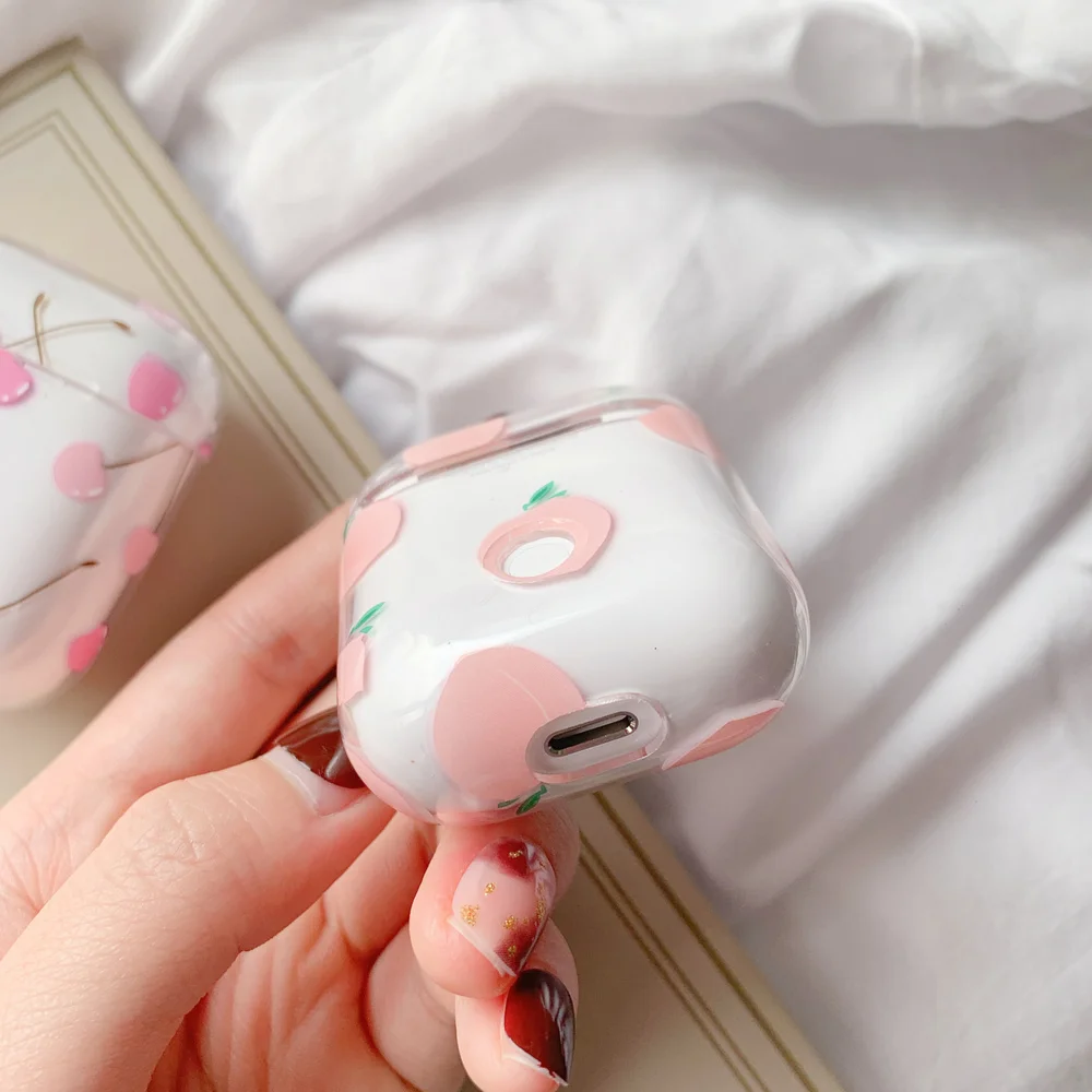 Pink Honey peaches Hard PC Crystal Cover Bag Cases Transparent Cherry Earphone Case for Apple AirPods 1 2 Wired Charging Box