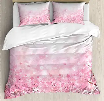 

Pale Pink Duvet Cover Set Japanese Cherry Blossom Sakura Tree with Romantic Influence Asian Nature Theme 3pcs Bedding Set