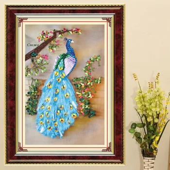 

3D DIY Ribbon Embroidery Peacock Flower Printed Needlework Kits Cross-Stitch DIY Handmade Handcraft Art Home Decor Supply C-0202