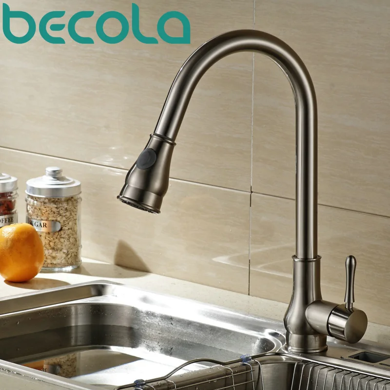 becola NEW Design Pull Out Brushed Nickel Kitchen Faucet Brass kitchen mixer Swivel Sink Tap B-9206L