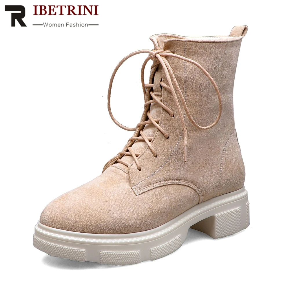 

RIBETRNI New Fashion Ankle Boots Ladies Chunky Heels Cross Tied Solid Shoes Woman Casual Party Ol Autumn Winter Boots Women