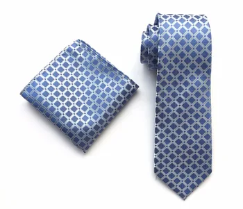 

8 cm Men Designer's Plaids Necktie Set Blue Checkered Ties with Handkerchief