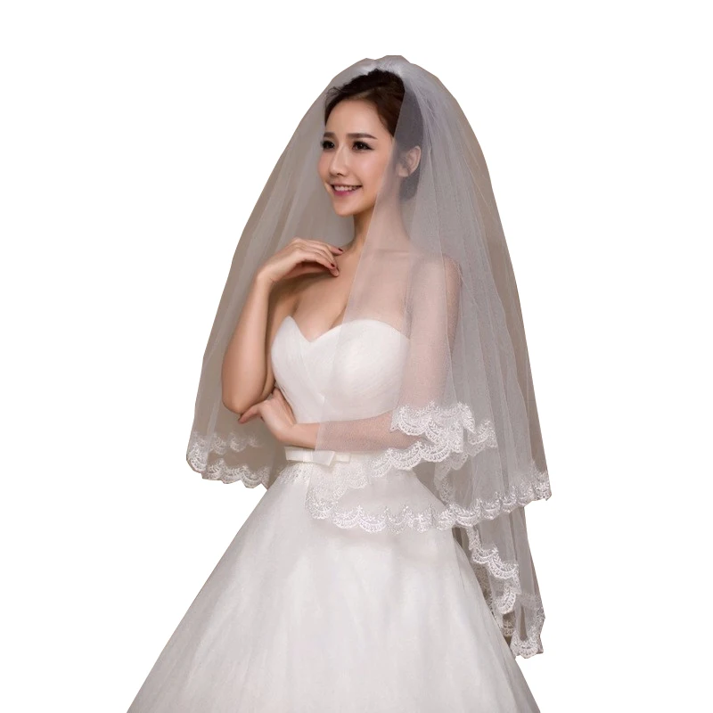 

In Stock White Ivory Short Bridal Veil with Comb Lace Edged Wedding Veil Accessories Fingertip High Quality velo