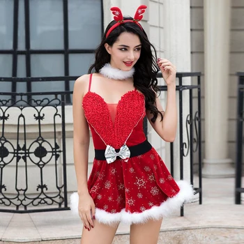 

High Quality Women Velvet Sexy Christmas Lingerie Vepour Nightdress Babydoll Underdress Nightgown Party For Women