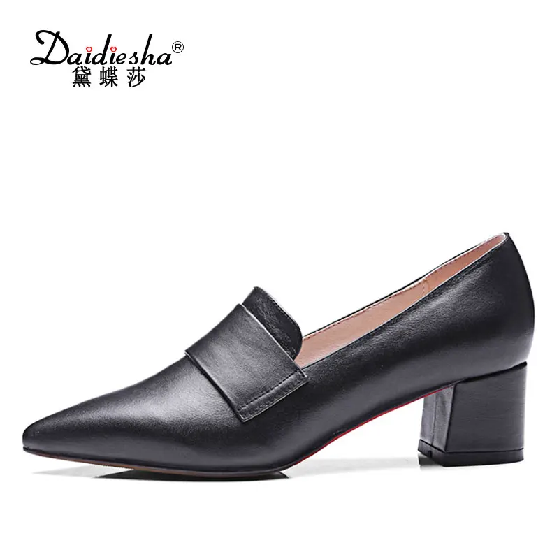 

Daidiesha brand Genuine leather women Basic pump shoes mature Pointed toe Block heels Plus size concise Slip on ladies Job shoes