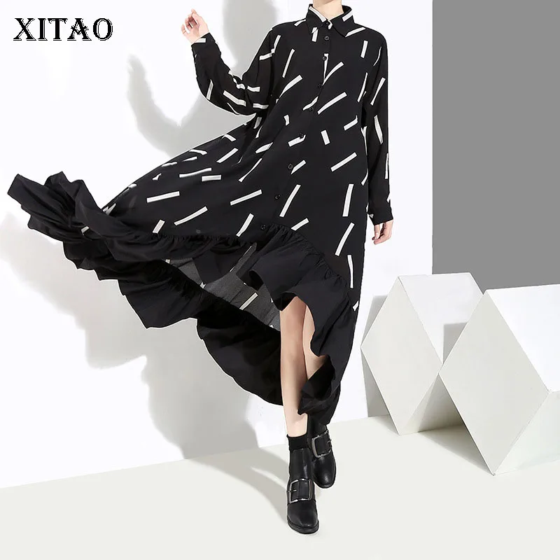 

XITAO Ruffle Slim Pleated Midi Dress New Women Large Size Patchwork Irregular Single Breasted Autumn 2019 Korea Fashion LJT4106