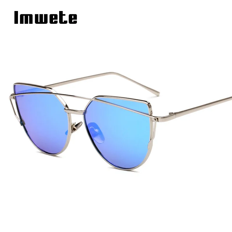 

Imwete Women Cat Eye Sunglasses Metal Twin-Beams Sun Glasses Coating Mirror Glasses Classic Brand Designer Flat Panel Lens