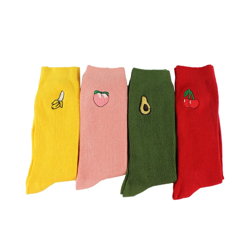 

Jeseca New Cute Cartoon Fruit Print Avocado Banana Cherry Peach Girls Kawaii Socks Harajuku Embroidery Pile Heap Funny Socks