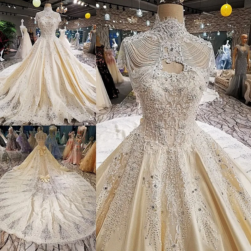 New High end Wedding Dress Luxury Lace Flower Beading Long Sleeeved