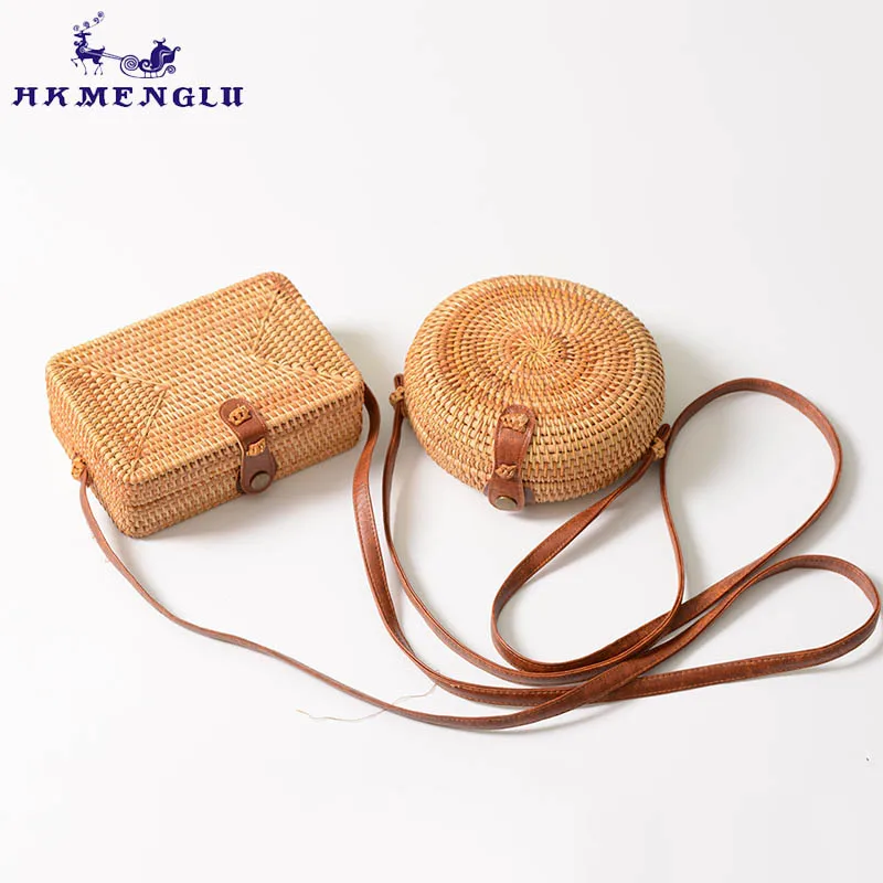 

Bali Island Handmade Wicker Bag Women Round Rattan Straw Bag Lady Square Buckle Straw HandBag Female Crossbody Beach Rattan Bags
