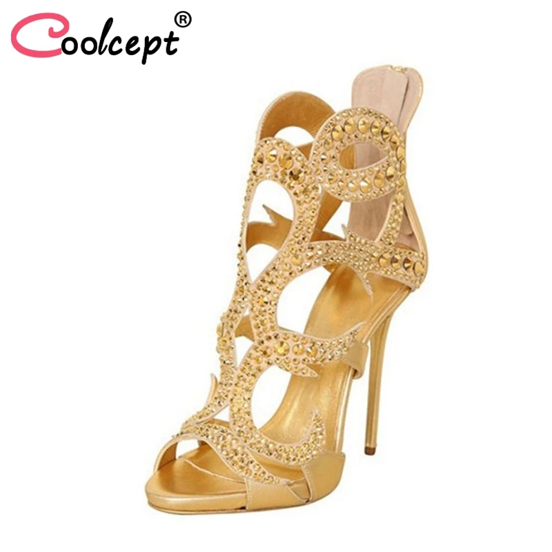 

Coolcept Size 34-45 Women High Heel Sandals Open Toe Rivets Zipper Bling Female Sandals Sexy Elegant Party Club Footwear