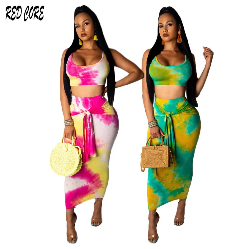 

REDCORE Summer 2019 Print 2 Piece Set Women Sleeveless Tops And Long Package Hips Skirts Womens Two Piece Set Women XXL TZ269