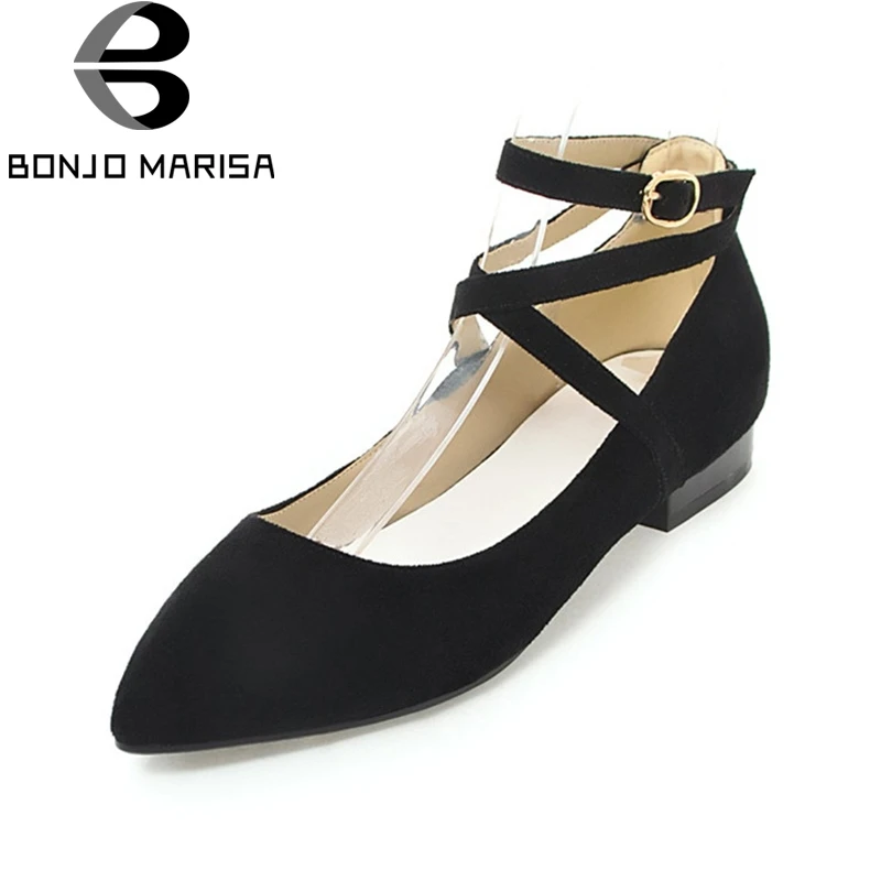 

BONJOMARISA Women's Gladaitor Ankle Strap Flat Heels Leisure Shoes Woman Pointed Toe Nubuck Point Toe Flats Big Size 33-43