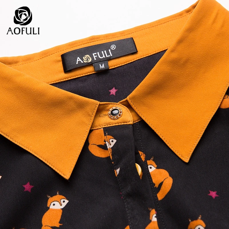 AOFULI M/L/XL элегантная повседневная рубашка с принтом лисы для женщин Весна размера плюс блузка с длинным рукавом весна осень топы с рюшами B6187