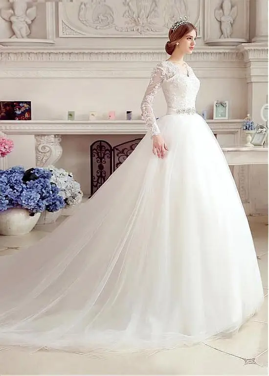 Wedding Dresses High Quality Long Sleeve Tulle Appliques