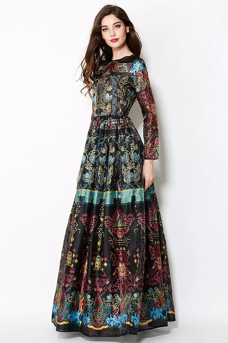 Vintage Long Sleeves Retro Print Floor-Length Dress in Dresses