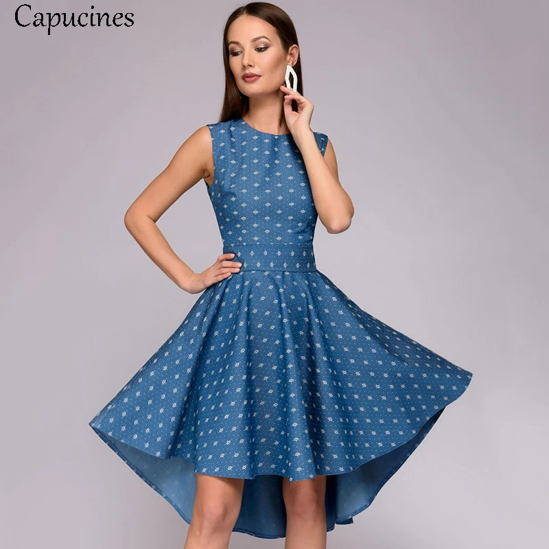 

Capucines Print Short Before Swallow Tail Party Mini Dresses Women Sleeveless Sashes Summer Dress Female Lady Vintage Blue Dress