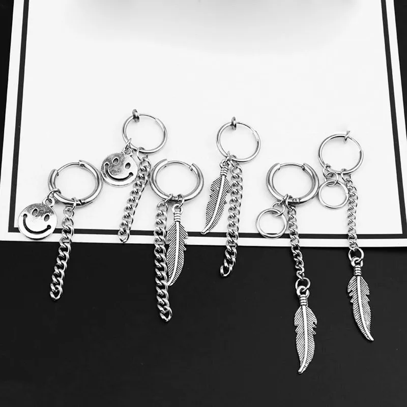 

1Pc Korean Tassel Feather Smiling Face Hoop Earrings For Men Women Punk Chain Pendent Earring Star Same Style Jewelry E344