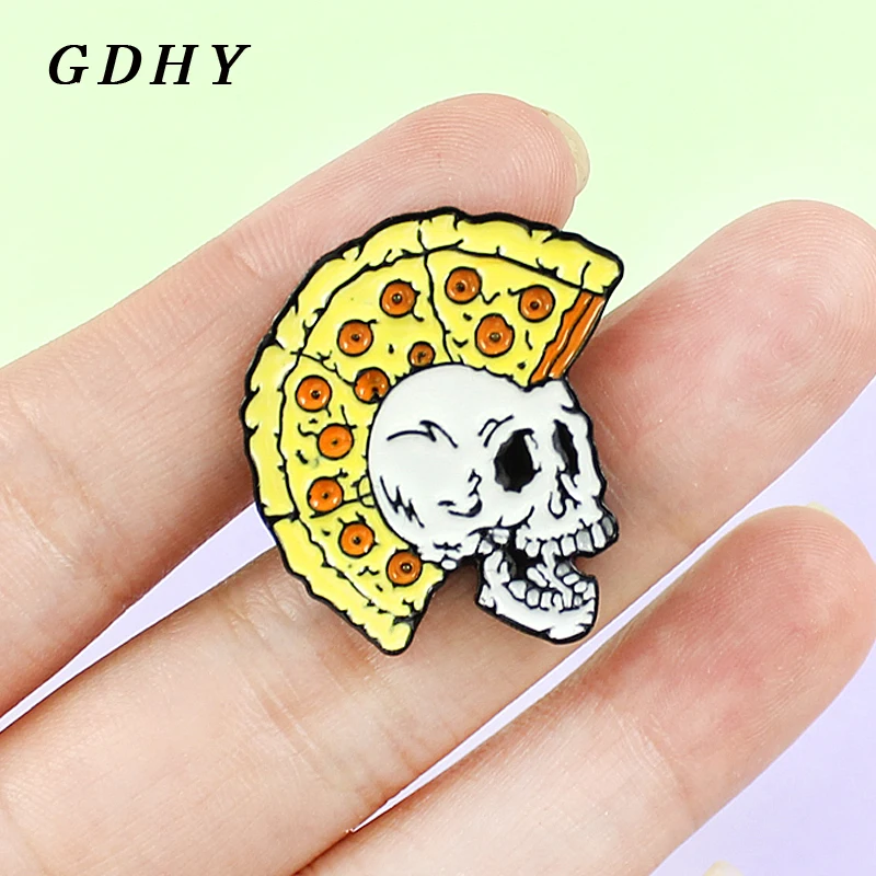 

GDHY Punk Rock Pizza Skull Skeleton Brooch Yellow Pizza Rock Mohawk Skull Enamel Pins Custom Brooches Lapel Denim Shirt Jewelry