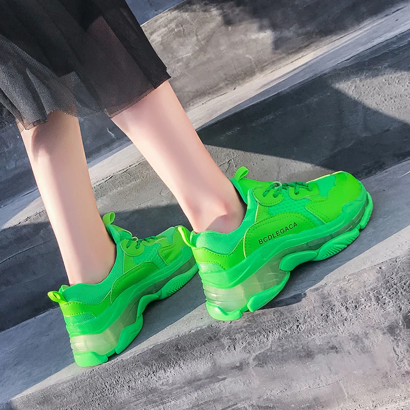 Женская желтая обувь на прозрачной подошве; женские белые кроссовки с прозрачной подошвой; модные кроссовки неонового и зеленого цвета; y954