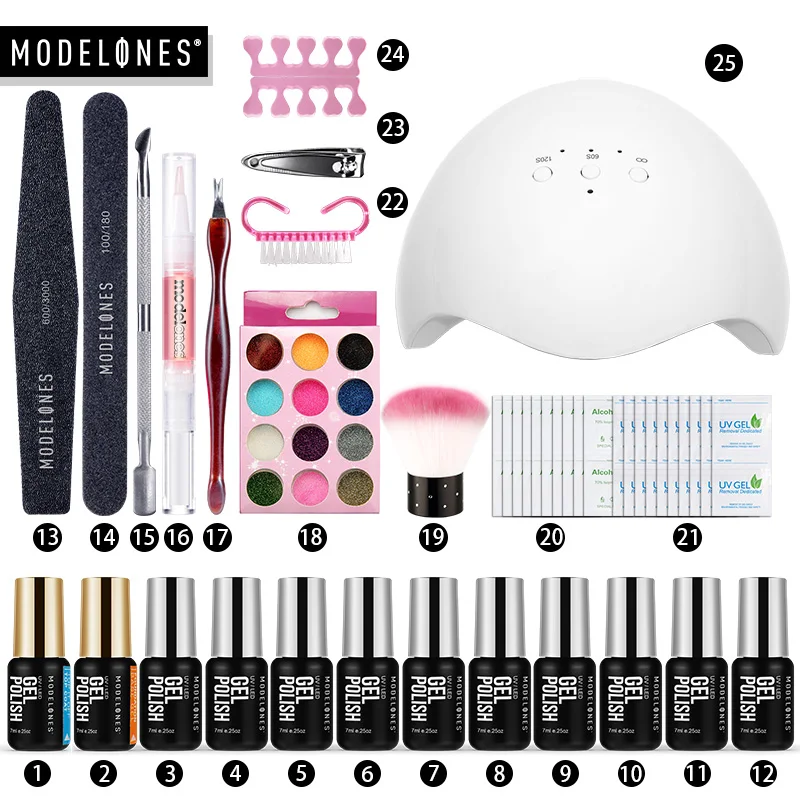 Modelones 25 шт./лот USB кабель 24 Вт Светодиодная лампа комплект инструментов для маникюра замочить от УФ-гель для ногтей Блестящий Блеск для ногтей порошок гель лак набор