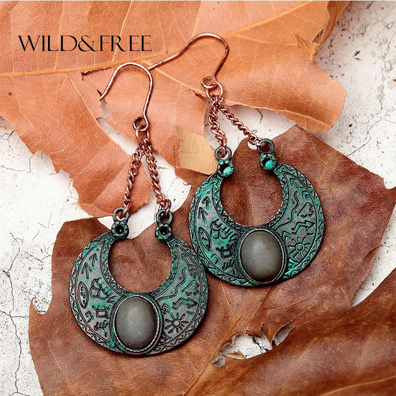 

WILD & FREE Women Vintage Ethnic Natural Stone Drop Earrings Alloy Texture Carving U Shape Pendant Dangle Earrings Jewelry Gift