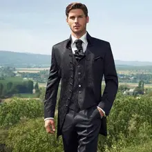 Сшитое Дизайн Черный Смокинги Groom Groomsmen Мужчин Свадьба Смокинги Ужин Пром Костюмы(Куртка+ Брюки+ жилет+ Галстук