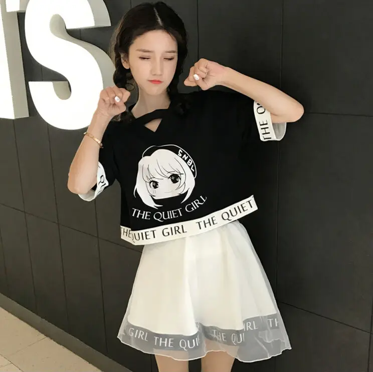 Japanese Soft Sister BF Style Summer Cartoon Naughty Two Piece Suit Black Short Sleeve Print Tops And High Waist Of  Mini Skirt 6