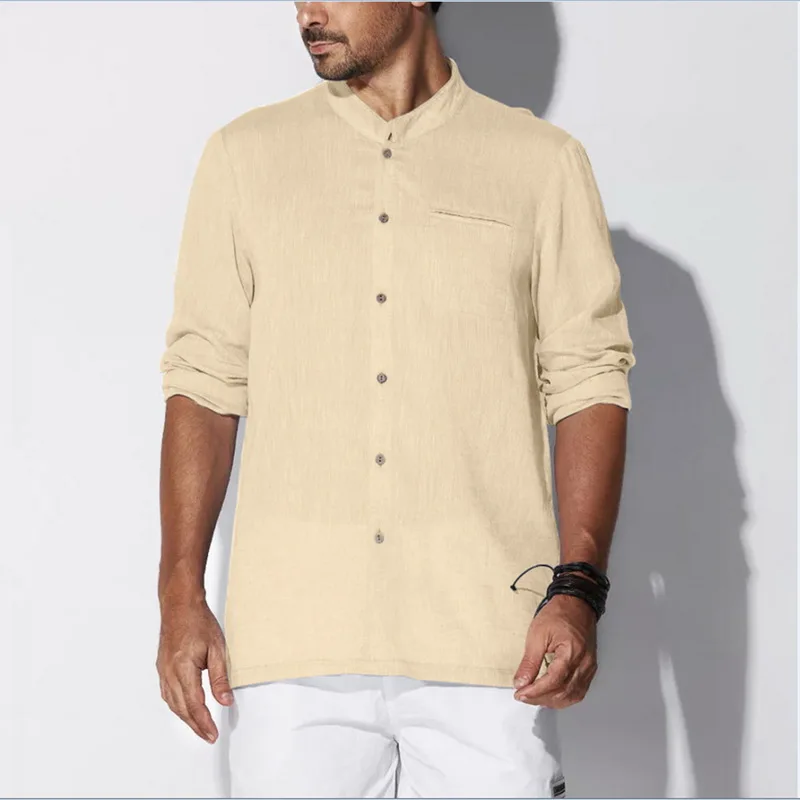 Laanei Мужская рубашка с длинными рукавами с воротником-стойкой, хлопковые льняные летние мужские рубашки, повседневные мужские рубашки Camisa