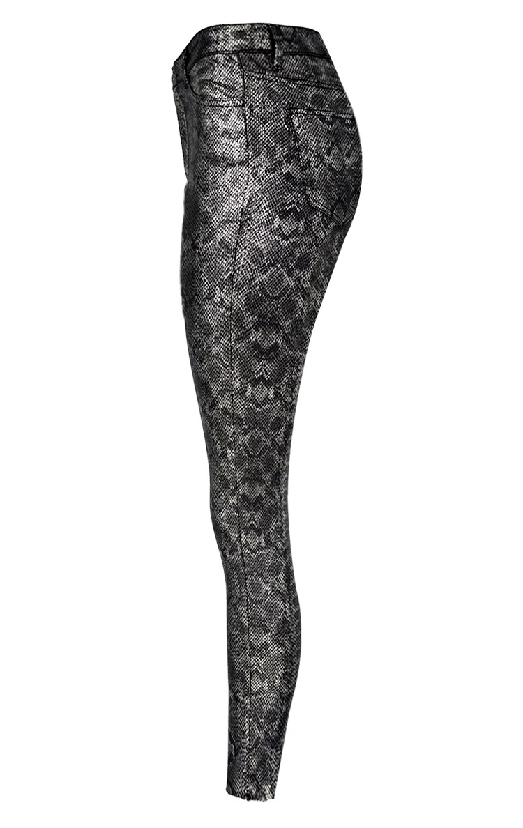 Женские брюки-карандаш из искусственной кожи с высокой талией и серебристым змеиным принтом, сексуальные кожаные брюки на молнии для ночного клуба, обтягивающие леггинсы