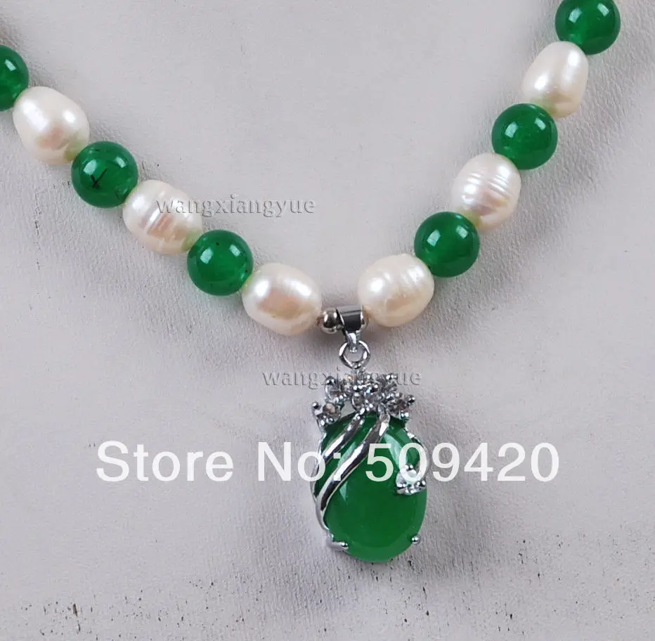 > белый культурная жемчужина акоя/кулон из зеленого камня(15X25 мм) ожерелье