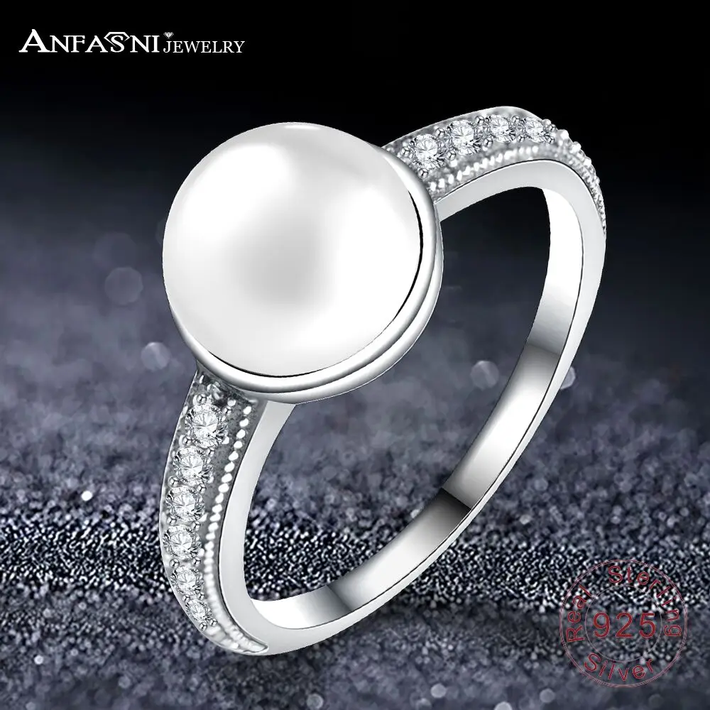 

ANFASNI New 925 Sterling Silver Rings Elegant Beauty With White Pearl & Clear CZ Finger Ring Perfect Gift For Momen PSRI0091-B