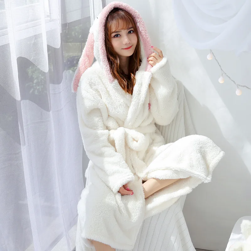 Женский банный халат, милый зимний теплый Халат с капюшоном, Дамский Повседневный фланелевый кимоно, плотный длинный банный халат, халаты