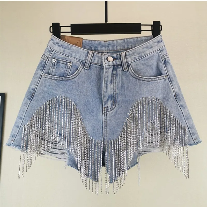 

2019 Summer Fashion Wide Leg Shorts Women's Heavy Rhinestone Fringed Hole Jeans Shorts Female High Waist Denim Shorts