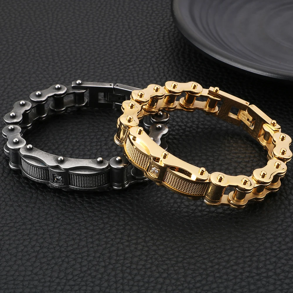 Байкерские ювелирные изделия, поношенный вид, мужской Байкерский браслет-цепочка, мотоциклетная велосипедная одежда, винтажные черные мужские браслеты из нержавеющей стали с фианитами
