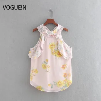 

VOGUEIN New Womens Summer Floral Print Sleeveless Halter Tie Bow Tops Shirt Blouse Wholesale