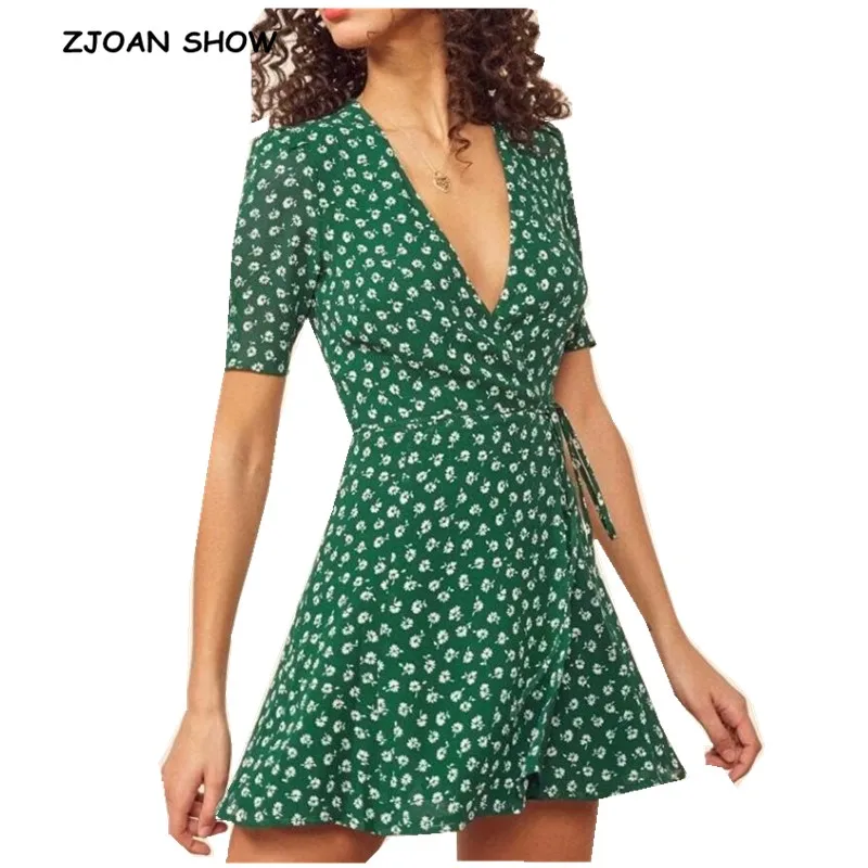 

2019 New Vintage Cross V neck White Flower Green Short Wrap Dress Lacing up Waist Split Slim Fit Women Short sleeve Tea Dress